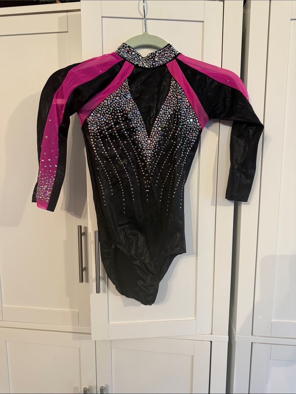 Sylvia P Pink & Black Kids Performance Leotard with Rhinestones